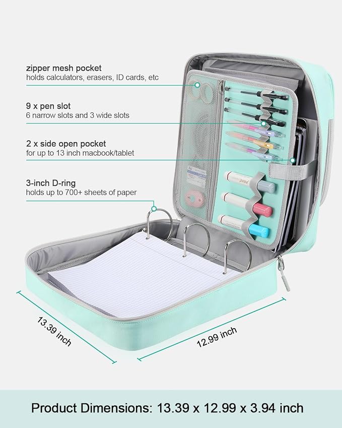 3-Inch 3-Ring Zipper Binder with Shoulder Strap and Multiple Pockets | D-Ring Zip Up Binder with 700 Sheets Capacity, Compatible with 13" MacBook/Tablet, for Middle School, Office, Mint Green