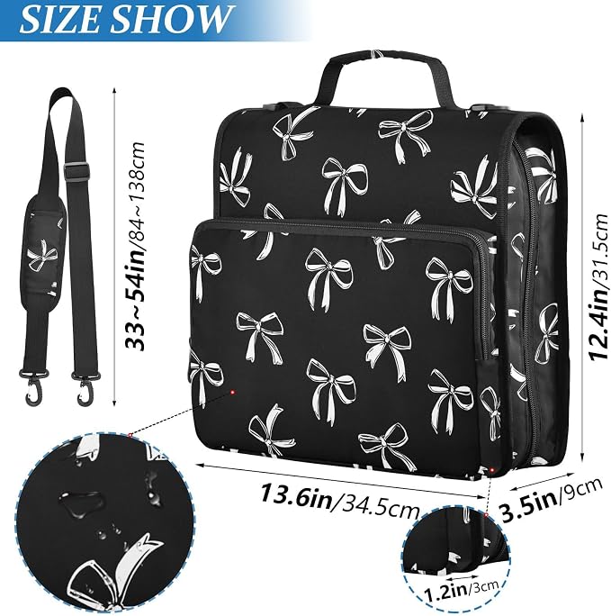 Aslsiy Zipper Binder Bag for Girls Boys White Bow Ribbon 1.5 inch 3-Ring Binder Organizer Black with Shoulder Strap for School Office Supplies
