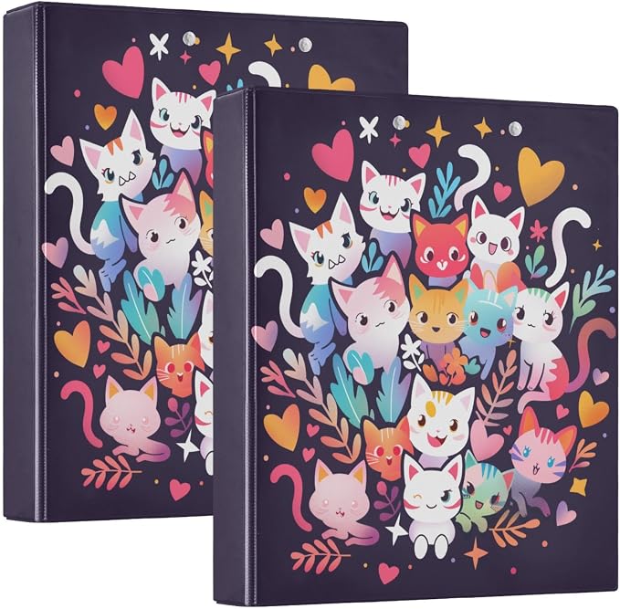 3 Ring Binder 1.5 in Recipe Binders Cute Cat Colorful | Decorative Client Records with Clip 3 Clear Interior Pockets for 200 Sheets Letter-Size(11" x 8.5") Paper PVC Cover Folder