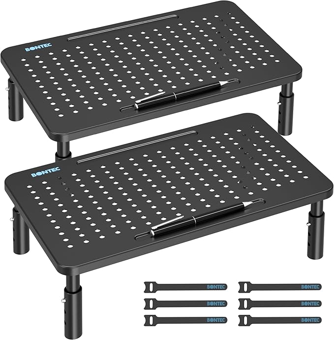 BONTEC Monitor Stand for Desk 2 Pack, Ergonomic Metal Monitor Riser | 3-Level Height Adjustable, 14.5 x 9.1 in Computer Stand with Pen Holder & Cable Management for Laptop and Office Workstation