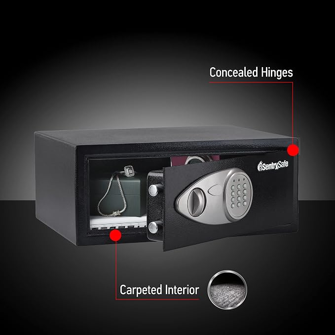 SentrySafe Shelf Safe with Digital Keypad Lock, Steel Safe with Interior Lining and Bolt Down Kit for Money, Jewelry, 0.78 Cubic Feet, 7.1 x 16.9 x 13.8 Inches, X075