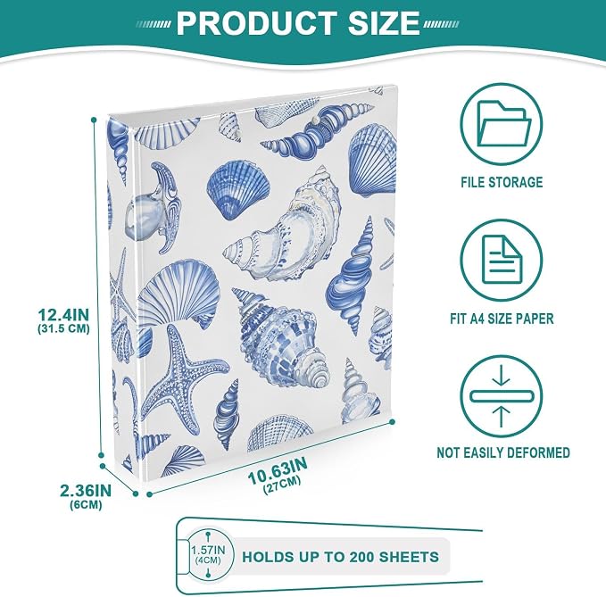 Blue Seashells Ocean Nautical Coastal 3 Ring Binder with 2 Interior Pockets 1.5 inch Binders 3 Ring Heavy Duty Fit 8.5" x 11" Letter Size for Office School, 2 Pack
