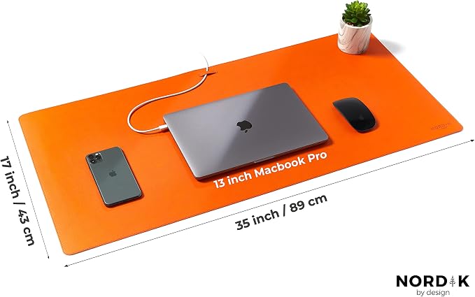 Nordik Leather Desk Mat -Tangerine Orange- Large Leather Desk Pad (35x17in) | Premium Vegan Leather Desk Pad with Cable Organizer, Giftable, Extended Waterproof Mouse Mat, Non-Slip Desk Pad Protector