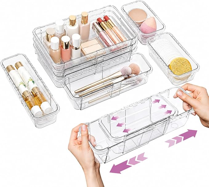 Clear Expandable Drawer Organizer Set, 16PCS Adjustable Drawer Organizers for Makeup, Cosmetics, Jewelry, Skincare, Bathroom, Kitchen & Dresser Storage, Transparent PET Drawer Storage Bins, 2 Sizes