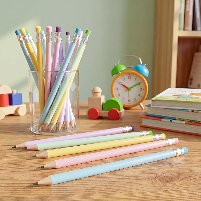 Outus 24 Pieces Round Pencils Cute HB Graphite Wood Pencils Bulk with Eraser for School Writing Drawing Sketching Wedding Office Supplies(Pastel)