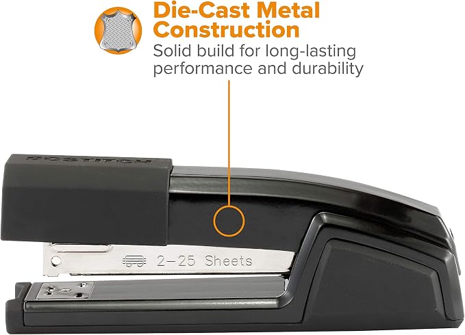 Bostitch Office Epic Metal Desk Stapler, 25 Sheet, Staple Remover, Black | Die-cast body opens 180 degrees for bulletin boards, with a temporary stapling option and a hidden slot for backup fasteners.