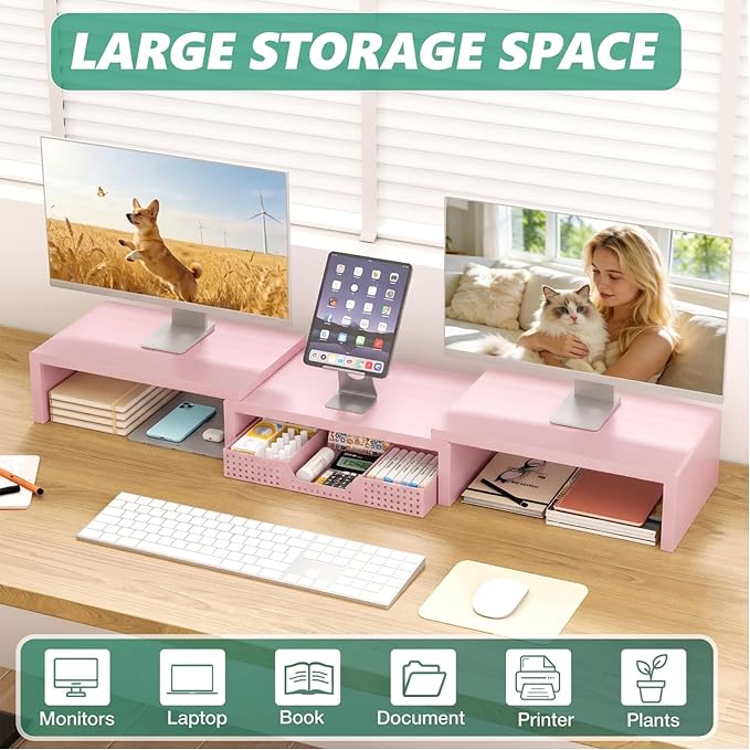 Dual Computer Monitor Stand Riser, Desk Organizer with Drawer, Office Desk Accessories & Workspace Organizers for Home Office Supplies, Pink