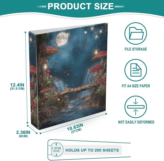 Whimsical Red Mushroom Forest Binder 3 Ring 1.5 Inch Binder with Clipboard&Pockets, Hardcover Binders Heavy Duty Large File Folder for Office School Supplies - Holds 200 Sheets, 2 PC