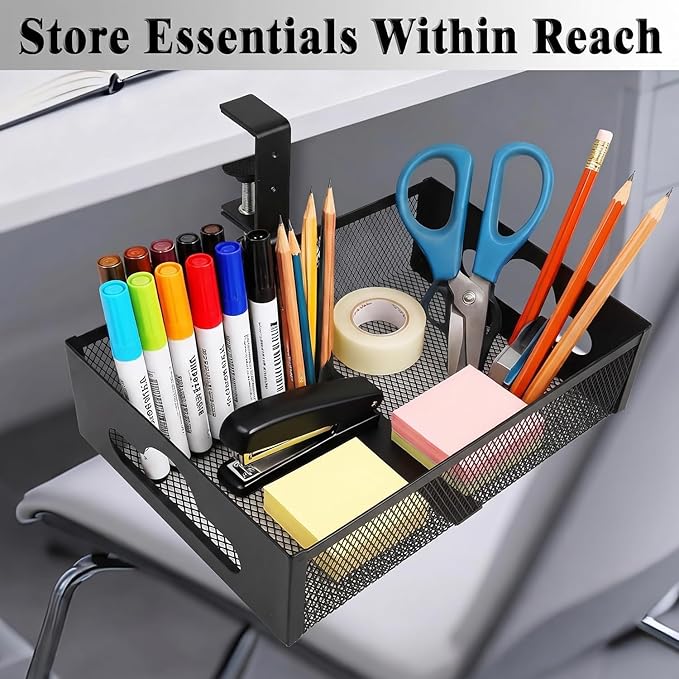 Under Desk Organizer 360° Swivel,No-Drill Clamp-On,Holds Up to 7lbs | 360° rotation,no-drill clamp,holds up to 7lbs, cup holder,mesh storage,office/kitchen/art use