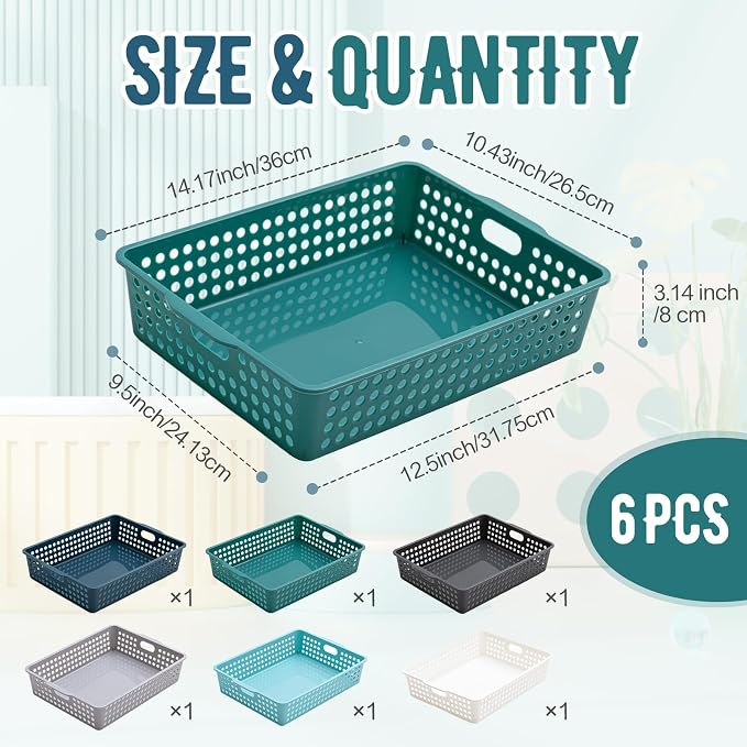 Geetery 6 Pack Classroom Storage Baskets with Handle,Morandi Color | 14''x10'' Paper Tray Holds A4 Turn in Trays Plastic Paper Baskets Desk Organizer Bin for Classroom, Library, Office, Home