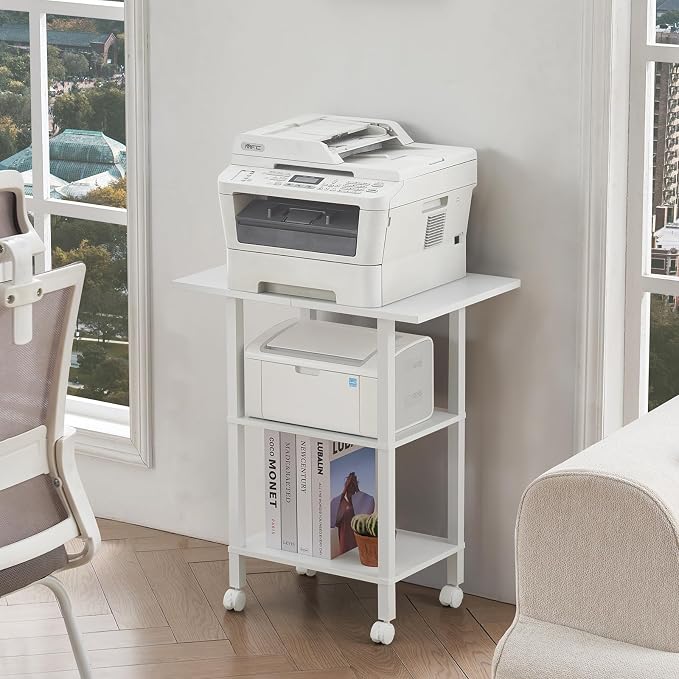 YUFAM 3 Tier Home Printer Stand with Storage, White | Wooden Mobile Printer Table Shelf, Rolling Printer Cart Shelf with Lockable Wheels fit Fax Machine, Scanner