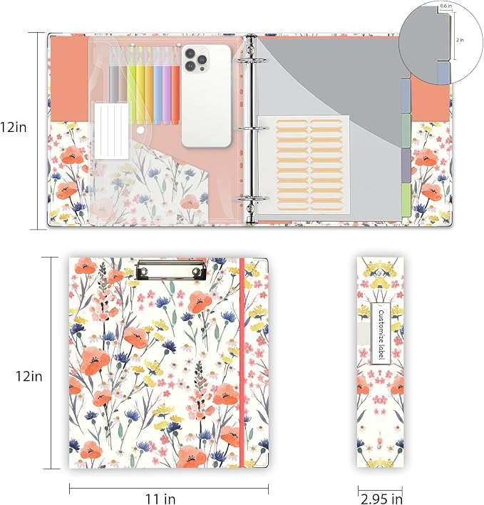 3 Ring Binder 2 Inch, Three Ring Binders Organizer with Clipboard, 5-Tabs Pockets Dividers, Plastic Folder, 18 Divider Stikers, KLLVE Cute Binder with Pen Loop (Flora, Letter Size)