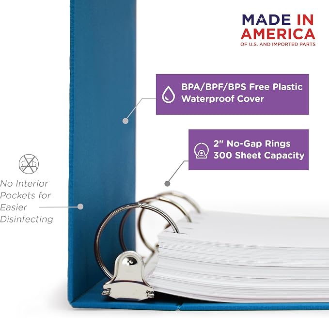 Carstens 2-Inch Heavy Duty 3-Ring Binder - Top Opening, Pool Blue, Durable Plastic, No-Gap Rings, Waterproof Cover, No Pockets, Holds 300 US Letter Sheets, BPA-Free, Made in USA (5878-3R), Case of 16