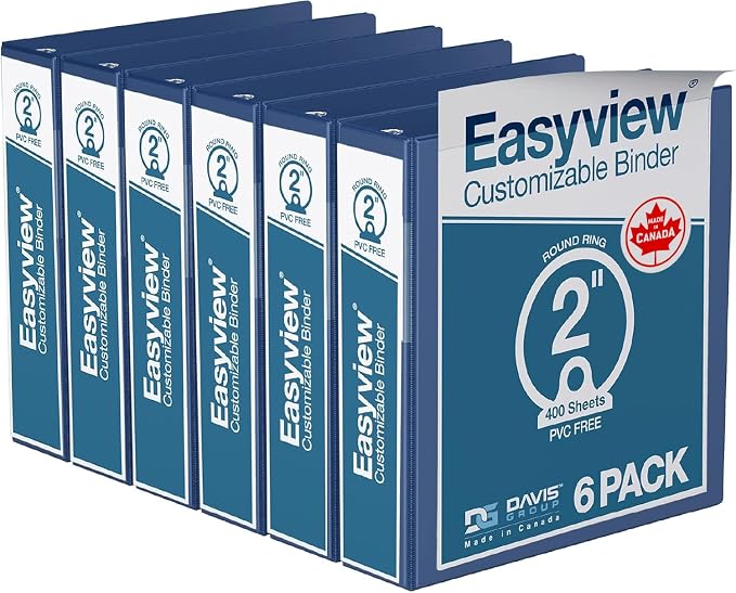 Easyview 3-Ring Binder, Clear-View Cover, 2" Round Rings, 6 Pack | Heavy-duty binder, fits 8.5" x 11" paper, royal blue, customizable cover, made in Canada, ideal for school or office use