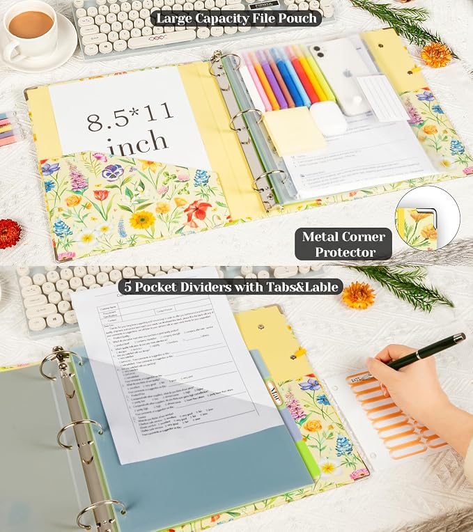 3 Ring Binder 2 Inch, Three Ring Binders Organizer with Clipboard, 5-Tabs Pockets Dividers, Plastic Folder, 18 Divider Stikers, KLLVE Cute Binder with Pen Loop (Garden Party, Letter Size)