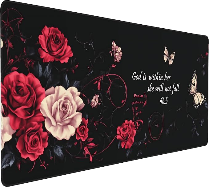 Floral Aesthetic Rose Gaming Mouse Pad, Black Red Gothic Desk Mat with Anti-Slip Base & Stitched Edges, Office & Home Desk Decor for Women, 35.4" x 15.7" in Computer Desktop Mat