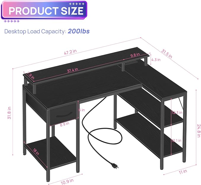 Alpen L Shaped Gaming Desk, 47 Inch Computer Desks with Drawers, Corner Desk Gaming Table with LED Lights & Power Outlets, Monitor Stand, Home Office Desk for Living Room, Bedroom, Black