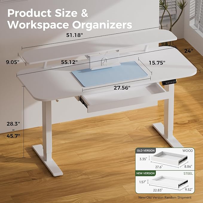 COMHOMA Electric Standing Desk with Drawers, 55 x 24 Inch Sit Stand up Desk with Monitor Stand, Laptop Stand, Height Adjustable Ergonomic Home Office Computer Desks with Memory Preset Controller