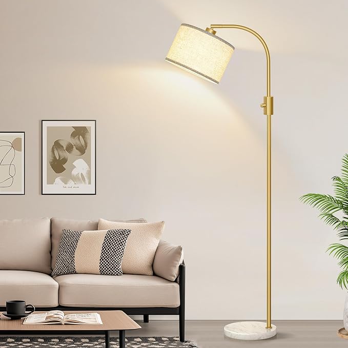 Nintiue Upgraded Modern Arc Dimmable Tall Standing Floor Lamp with Marble Base & Linen Shade, 1200 Lumens LED Bulb Included, for Living & Reading Room, Bedroom, Office & Nursery, Gold