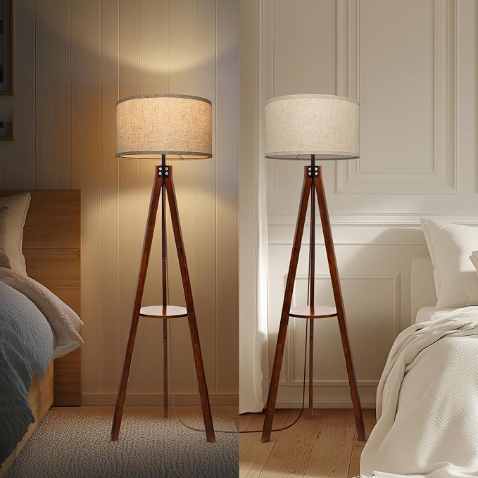 EOEYYOYB Floor Lamps with Shelf, Modern Standing Lamp with 3 Color Temperature Led Bulb, Tall Lamps with Foot Switch for Living Room Bedroom and Office, Juglans Nigra
