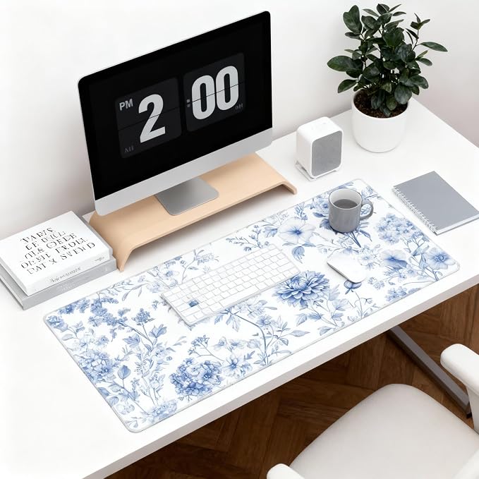Floral Aesthetic Dahlia Gaming Mouse Pad, White Blue Chinoiserie Desk Mat with Anti-Slip Base & Stitched Edges,35.4" x 15.7" in Table Mat for Computer Desktop, Beautiful Workstation Decor