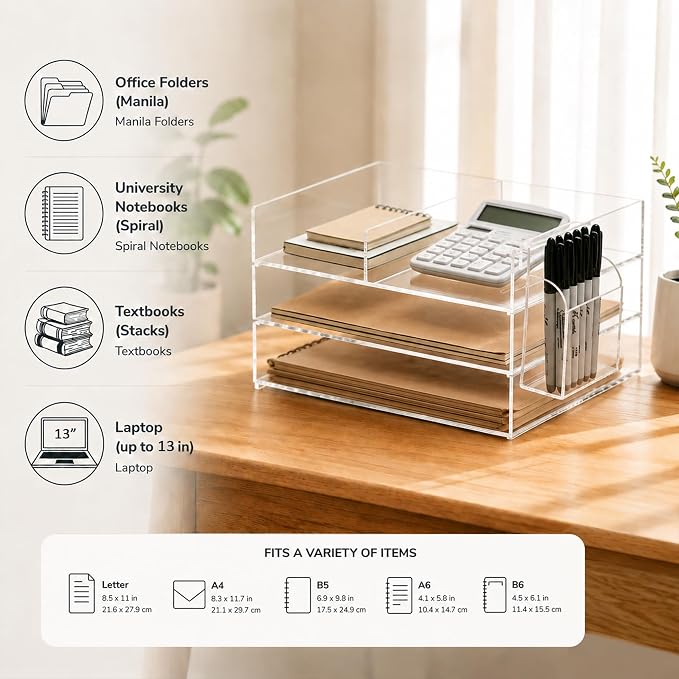3-Tier Paper Tray Organizer & Pen Holder - Stackable Acrylic Desk Organizer | clear document sorter, vertical file holders, letter storage, workspace accessories, home, office, school, teachers, students