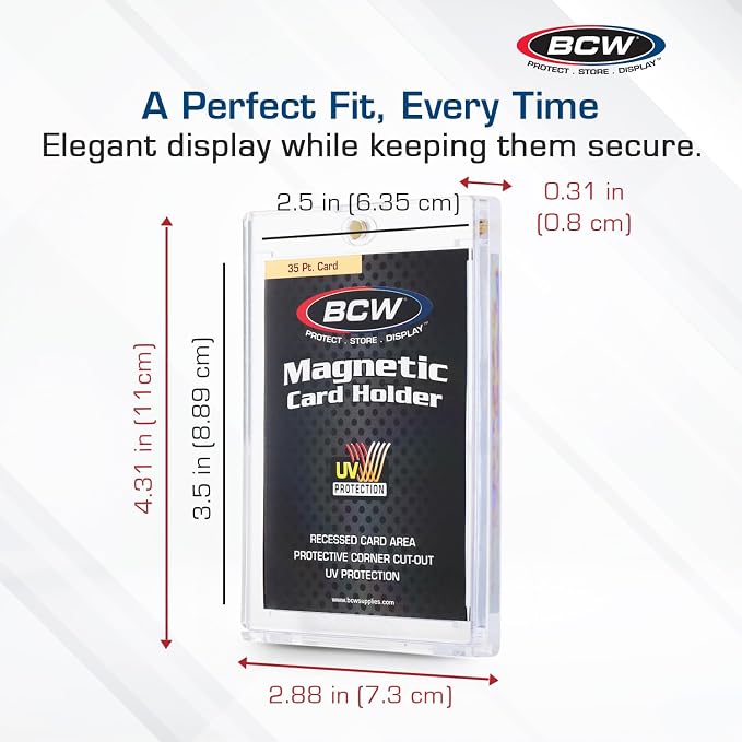BCW 35 Pt Magnetic Card Holders with UV Protection, 10 Count | Clear two-piece cases use a gold magnet closure, recessed corners, and easy-open tabs for standard 35 pt trading cards.
