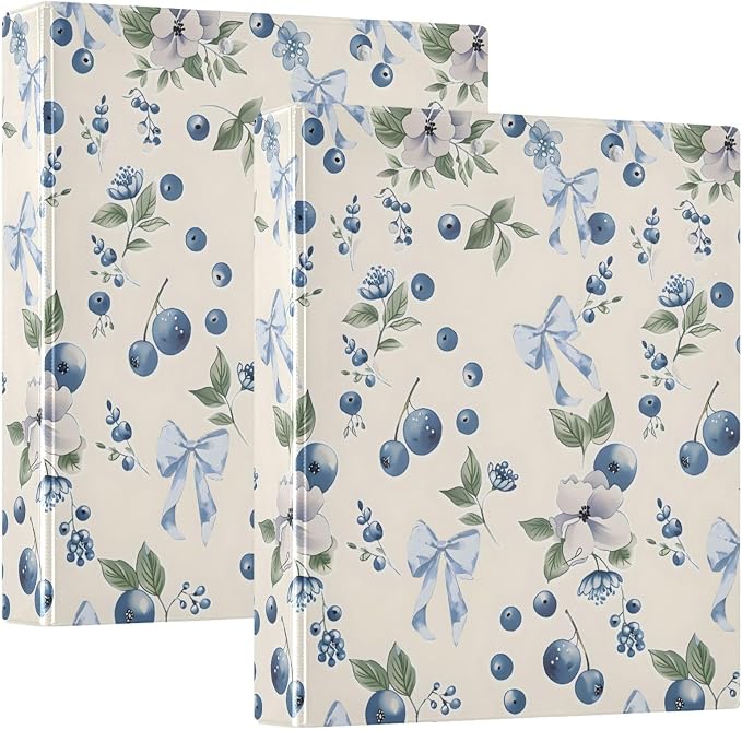 Blueberry Blue Bow 3 Ring Binder with 2 Interior Pockets 1.5 inch Binders 3 Ring Heavy Duty Fit 8.5" x 11" Letter Size for Office School, 2 Pack