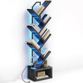 Casaottima Tree Bookshelf with LED Lights, 6-Tier Small Bookshelf, Black | Narrow Bookcase for Small Spaces, Steel & Wood Storage Shelf with Cabinet, Home Organizer for Living Room, Bedroom, Office