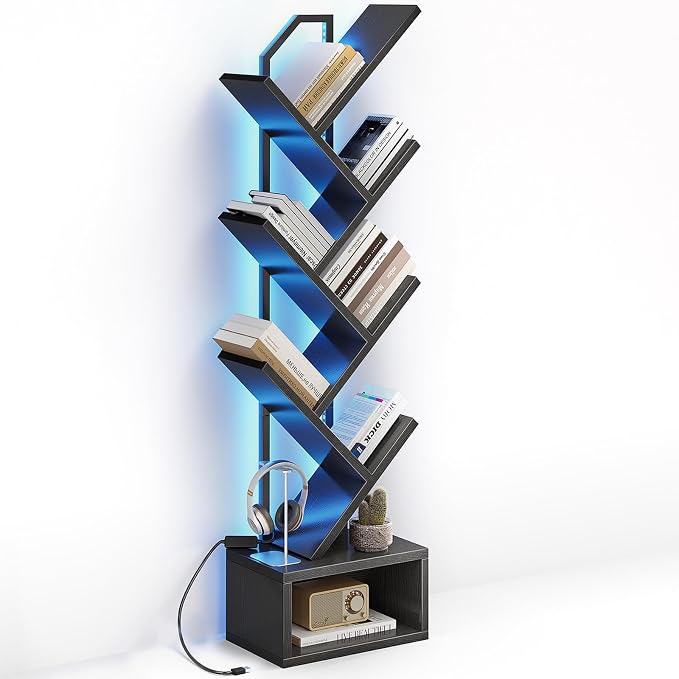 Casaottima Tree Bookshelf with LED Lights, 6-Tier Small Bookshelf, Black | Narrow Bookcase for Small Spaces, Steel & Wood Storage Shelf with Cabinet, Home Organizer for Living Room, Bedroom, Office