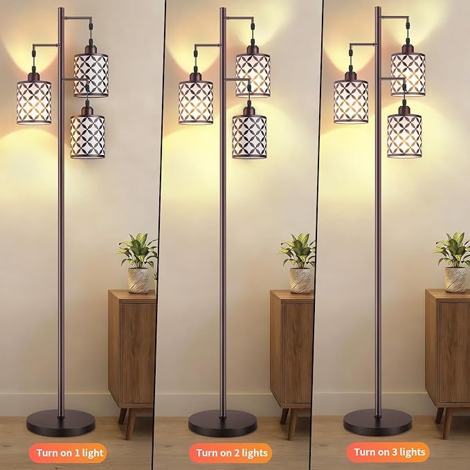 Dimmable Floor Lamp, Farmhouse Standing Lamp with Elegant Metal Cage, Industrial Tall Tree Floor Lamps for Living Room Bedroom Study Office with Remote & 3 x 1100LM 12W LED Bulbs, 72" Brown