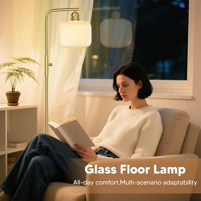 66" Dimmable Gold Standing Lamp with White Ribbed Glass for Living Room | Vintage Floor Lamp with Brushed Gold, Stepless Rotary Switch and 3000K LED Bulb, Arc Floor Lamp for Bedroom & Study Room