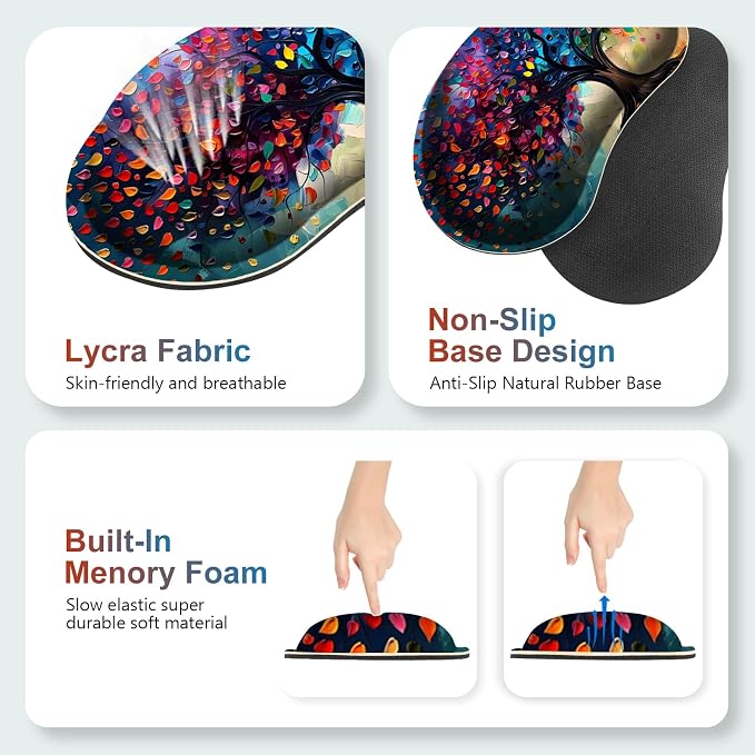 Large Gaming Mouse Pad Set, 4 in 1 Ergonomics Keyboard Desk Mat with Memory Foam Wrist Rest, Computer Extended Game Mousepad, Non-Slip Desk Matt Easy Typing Pain Relief I Colorful Tree Leave