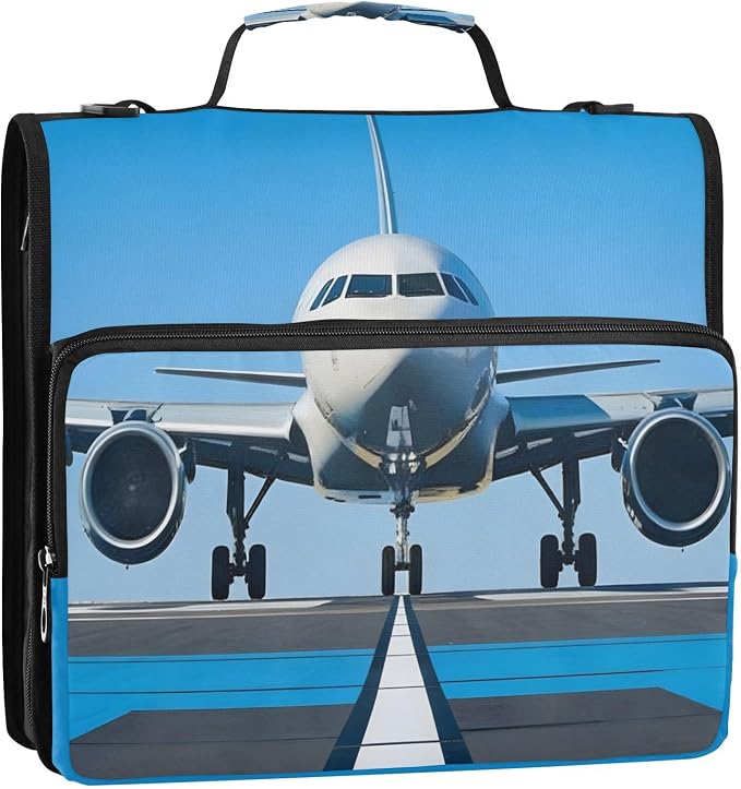 White Airplane Aircraft 3 Ring Binder Bag 1.5 inch Binder Organizer with Zipper Shoulder Strap 500 Sheet Documents Storage for School Office