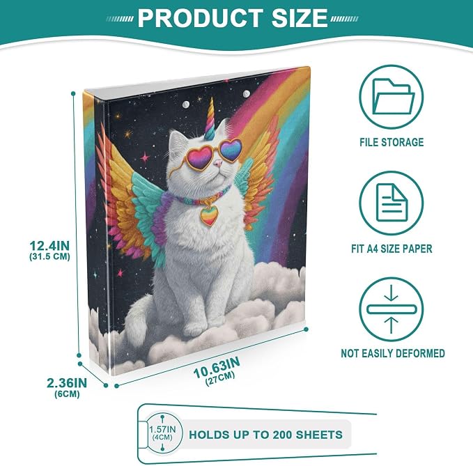 Aslsiy Kids 3 Ring Binder 1.5 Inch Unicorn Cat Rainbow Cloud Girls Round Clipboard Binder Decorative Harcover Binders Organizer for Office School Supply