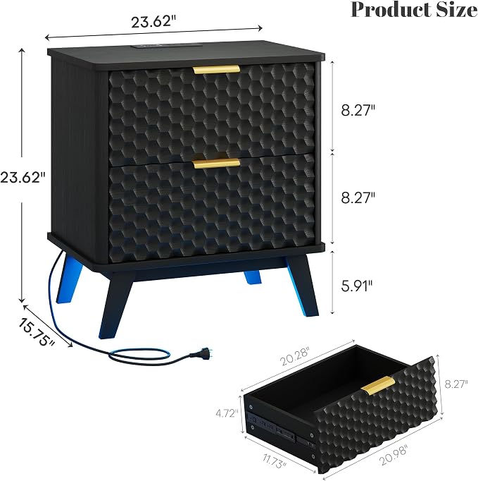 Smart Nightstand with Charging Station and LED Lights | 23.62" Wide Night Stand with 2 Drawers, Motion Sensor Motion-Activated Underlight, Honeycomb Bedside Table for Bedroom, Black