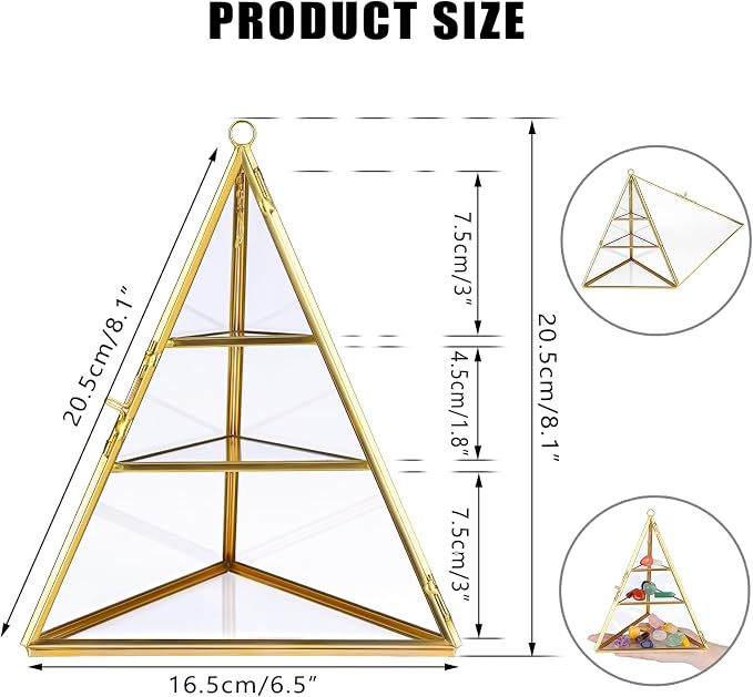 ELLDOO 3 Tier Glass Display Case for Collectibles, Triangular Crystal Display Shelf, Crystal Holder Decorative Display Tray for Crystals Healing Stones Marbles, Gold Metal Jewelry Display Stand