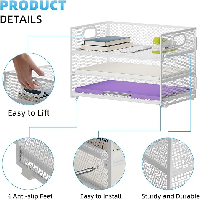 Marbrasse 3 Tier Paper Organizer Letter Tray, Mesh File Organizer with Handle, Paper Sorter Desk Organizer for Home Office Supplies - 2p White