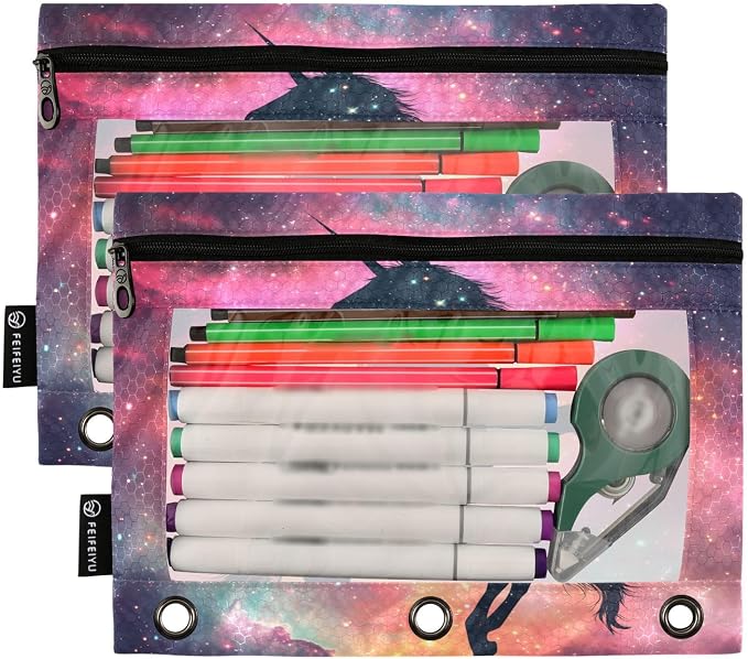 Unicorn Galaxy Sky Pencil Pouch for 3 Ring Binder, 2 Pack Waterproof Pencil Bags Clear Window Pencil Case Zipper School Office Supplies