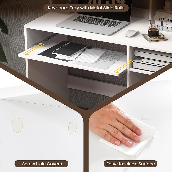 GIANTEX Computer Desk with Hutch, 43.5 Inch Home Office Desk with Keyboard Tray & Charging Station, Laptop PC Table for Workstation, Modern Study Writing Desk for Small Space, Bedroom, White
