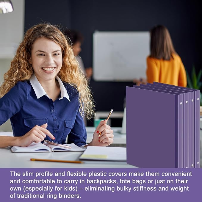 Fulmoon 12 Pcs Economy View 3 Ring Plastic Binder 12.2 x 9.8 Inch Plastic Round Ring Binders with Pockets Notebinder for Meetings for Home, Office, School(Purple, 1.5 Inch)