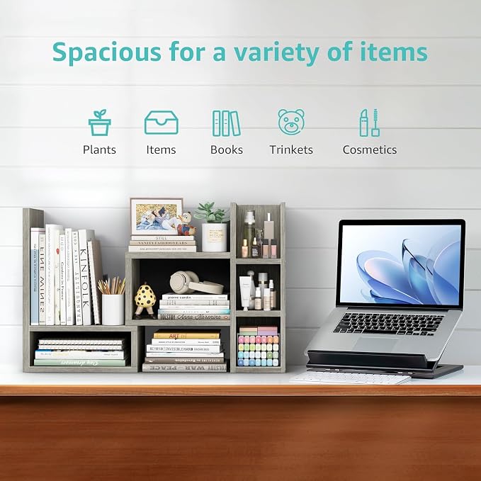 NUTIKAS Desk Shelves Desktop Organizer Shlef - Grey Office Organization for Top of Desk Organizers and Accessories Corner Bookshelf Table Top Shelving Small Hutch Decorations for Office