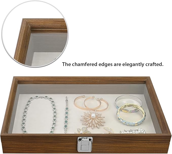MOOCA Jewelry Display Case, Display Case Accessories Storage Box with Tempered Glass Hinge Lid, Jewelry Tray for Collectibles, Walnut Color, 14.1W x 10.2D x 2.1H in