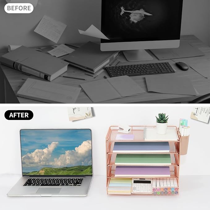 LEKETREE Desk Organizer and Accessories, 5-Tier Paper Letter Tray Organizer with Drawer & 2 Pen Holders for Desktop File Organization, Office Desk Accessories for Supplies Storage (Rose Gold)
