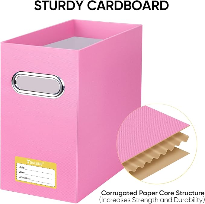 BALEINE 4PK File Organizer Box, Cardboard File Folder Organizer with Handle | Strong Corrugated Paper Core, Label Stickers for Identification, Hanging File Folder Organizer, Home Office Document Storage