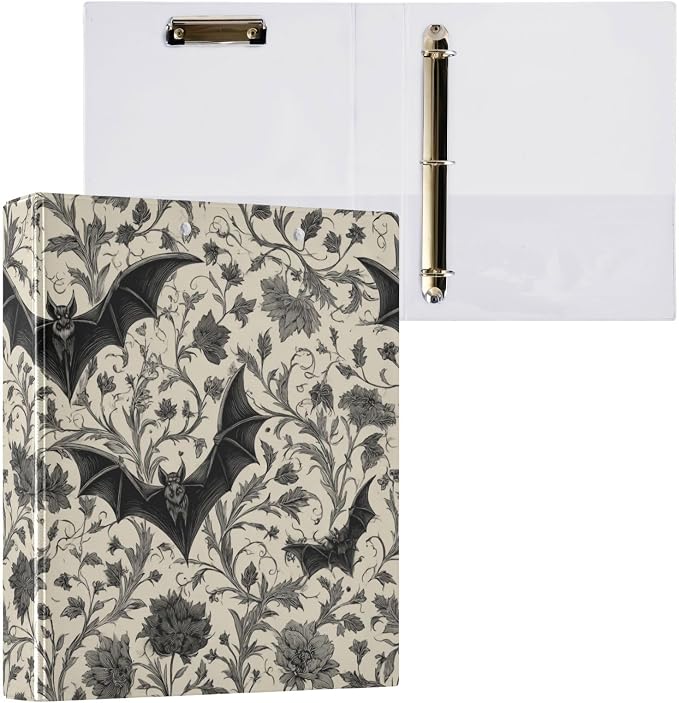 Gothic Bat Round Ring Binders Floral (8) 1.5 Inch 3 Ring Binder with Clipboard Holds 200 Sheets Office Home School