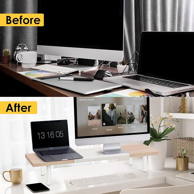 Across-Star Dual-Monitor-Stand-Riser-For-Desk Adjustable Length 32-40 Inch，Large Desktop Computer Monitor Riser For 2 Screens，Desk Shelf Organizer Riser Stand For Computer/Laptop/PC/Printer/TV Black
