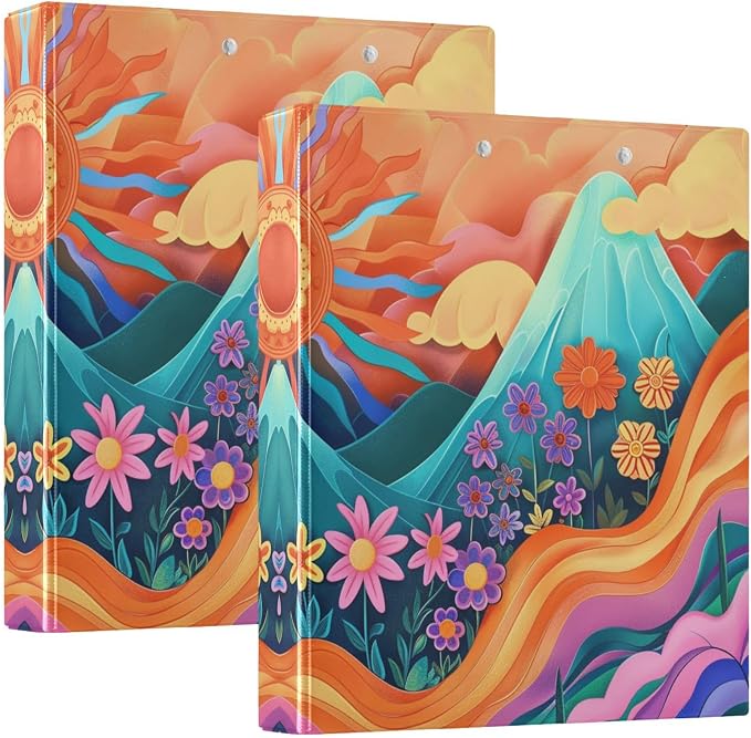 Aslsiy Retro Groovy Hippie Round Clipboard Binder - 1.5 Inch, Flower Sun Mountain Harcover Decorative Organizer for Office Supplies