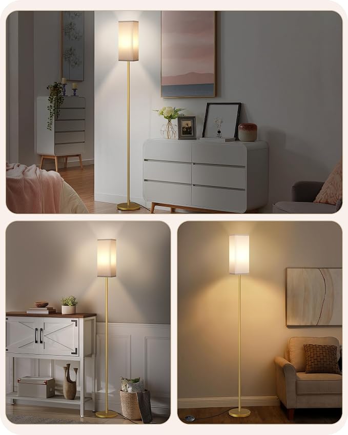 Floor Lamp, Pole with Foot Switch, Modern Standing Lamp Lampshade, Minimalist Freestanding Lamp (Bulb Not Included), for Living Room, Bedroom Office ETL Listed Gold and White DCW07LD05
