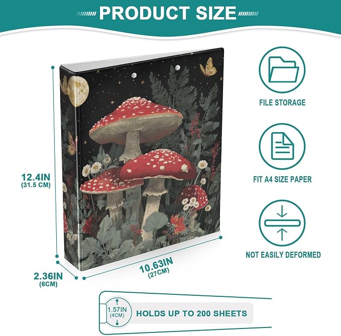 Red Mushrooms Vintage 3 Ring Binders 1.5 Inch Clear View Three Ring Binders Versatile Binder for Work School Office Supply 1 Pack